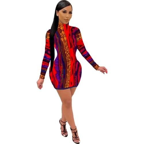 S-XXL Womens Long Sleeve Turtleneck Printed Bodycon Nightclub Party Dress