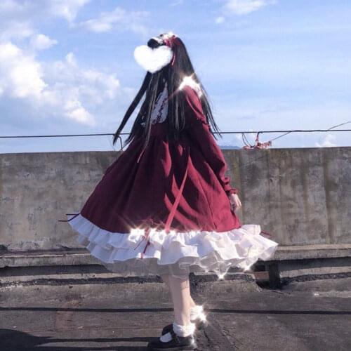 Lolita OP Dress Flouncing Lace Trim Alice In Wondeland Cute Women Japanese Harajuku Long Sleeves Doll Dress Fairy Vestidos