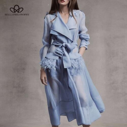 Bella Philosophy Voilet Lace up Windbreaker Dress Women Long Sleeve Feather Pockets Sexy Party Dresses Female Elegant Clothes