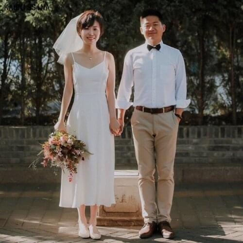 KAUNISSINA V-Neck Wedding Dresses Spaghetti Straps Sleeveless Simple Satin Wedding Gowns Women Plus Size White Bride Dress