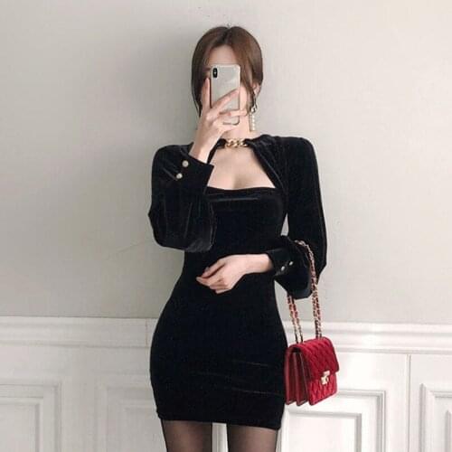New arrival fashion korean spring mini dress women OL temperament vintage lantern sleeve velvet black slim party pencil dress