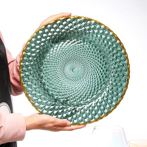 Gold Marble Glazes Glass Green Glass Breakfast Plates Dishes Noodle Fruit Dessert Salad Steak Western Plate Party Tableware