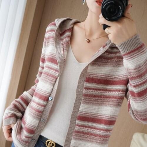 2021 Autumn Winter New Hooded Cardigan Cashmere Sweater Womens Striped Plus Size Knitted Jacket Fashion Top 100% Wool Wild Coat
