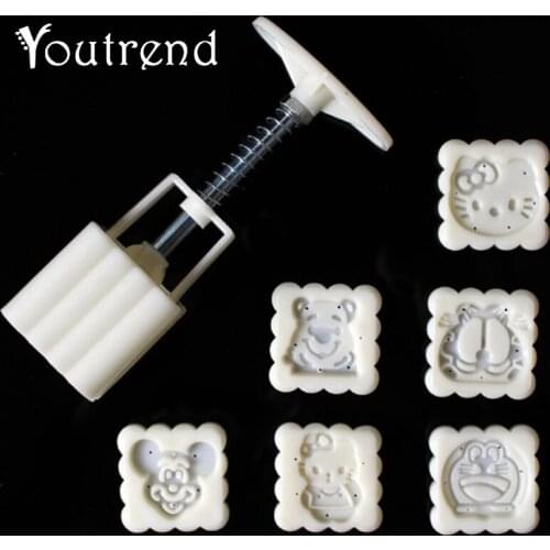 7PCS/Set 3D Moon Cake Mold 1 Hand Press with 6 Cute Cartoon Shape 50g Mid Autumn Arch Moon Cake Moulds Bread Cookies Maker