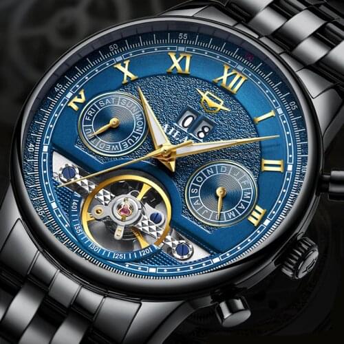 AILANG Mens Watches Top Brand Luxury 2019 Skeleton Watch Black stainless steel Men Clock Tourbillon Style Automatic Mechanical
