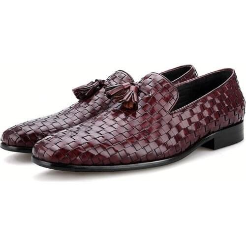 Black / Wine Red Woven Loafers Shoes Mens Summer Shoes Genuine Leather Casual Shoes With Tassel