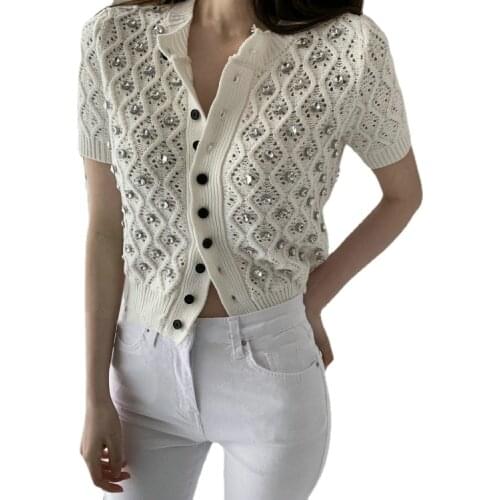 Gemstones short sleeve sweaters women rhinestones sweaters women bead work cardigans tops