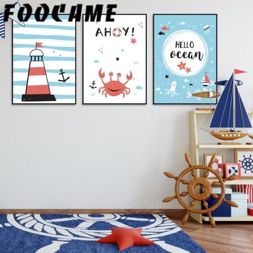 Posters and Prints Canvas Painting Cartoon Lighthouse Marine Life Sea Wall Art Nordic Kids Decoration Baby Room Nursery Pictures