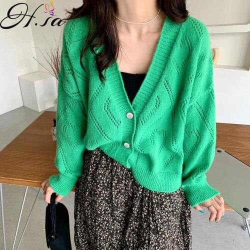 HSA women clothing 2021 Autumn V neck Cardigan Loose Korean Style Kawaii Chic Knit Sweater CARDIGANS Hollow Out Knit Cardigans