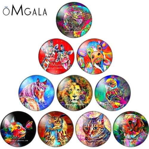 Art Watercolor Cow Horse Cat Lion Owl Animals 10mm/12mm/16mm/18mm/25mm Round photo glass cabochon demo flat back Making findings