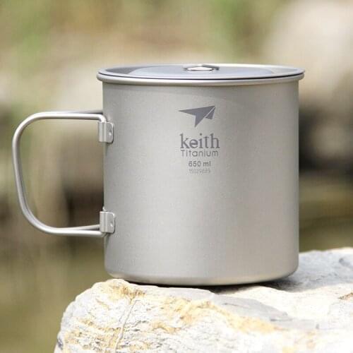 Keith Titanium Cup Folding Handle Water Mug Camping Travel Hiking Drinkware Single Wall Mug With Titanium Lids 650ml Ti3208