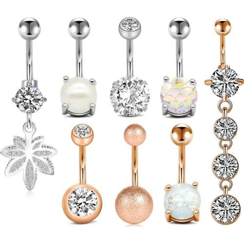 14g Belly Button Rings Surgical Steel Dangle CZ Navel Ring Barbell for Women Girls Body Piercing Jewelry Rose Gold