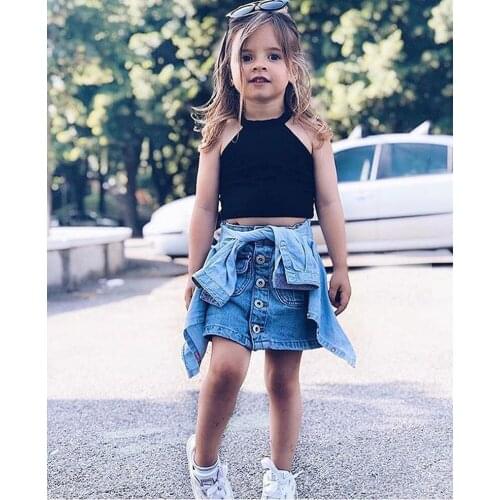 Baby Girls Set 2021 Spring/Summer New Girl u-Neck Strapless Cotton Knitted Black Top + Button Denim Skirt Suit Children Clothing