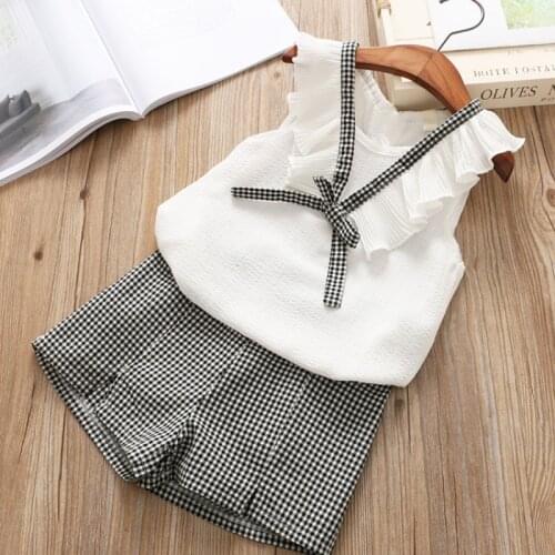 Girls Clothing Summer Kids Baby Girls Clothes Chiffon Sleeveless Ruffles Vest Tops+Plaid Print Shorts 2-7Y Girl Clothes Set