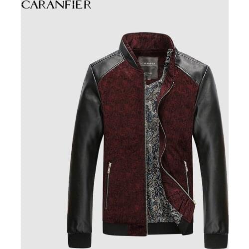 CARANFIER Mens PU Leather Jacket Casual Long Sleeve Zippers Patchwork Color Outerwear Slim Fit Business Fashion Autumn Male Coat