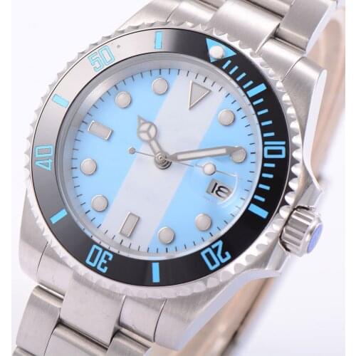 40MM Blue White Dial Sapphire Glass Black Ceramic Bezel Date Glass Case Cover MIYOTA 8215 Automatic Mens Wristwatch