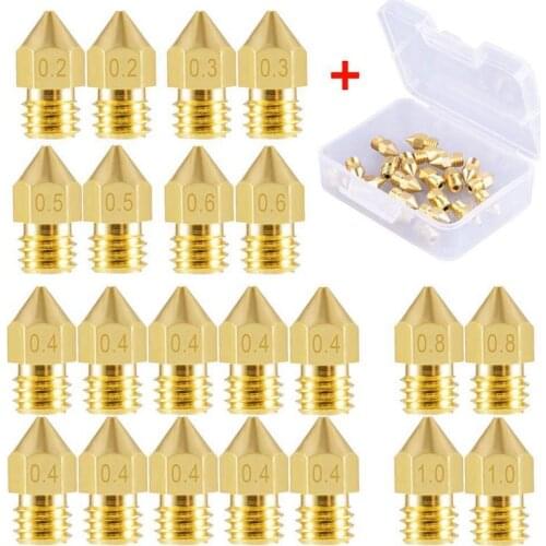 22 Pieces 3D Printer Nozzles MK8 Nozzle 0.2mm, 0.3mm, 0.4mm, 0.5mm, 0.6mm, 0.8mm, 1.0mm Extruder Print Head with Free Storage