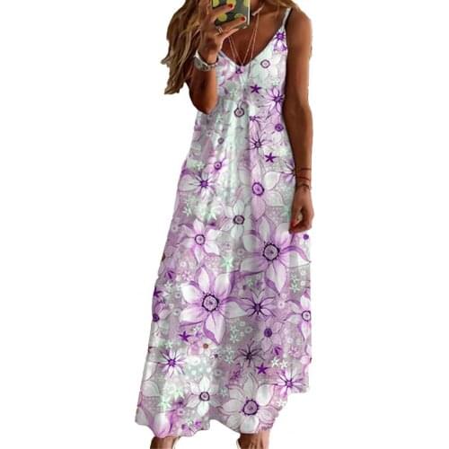 New Stylish Elegant Dress Sleeveless Long Type Polyester Floral Printed V-neck Women Long Dress Womens Dress 2021 for Party
