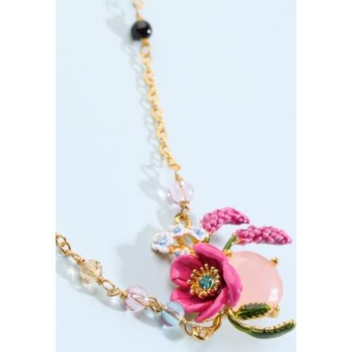 French romantic fresh fashion new hand-painted enamel glaze pink flower necklace temperament wild clavicle chain