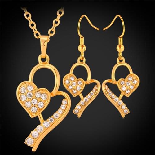 Yellow Gold Color Heart Necklace Pendant Earrings Jewelry Set High Quality Austrian Rhinestone Jewelry Gift For Women MGC PE720