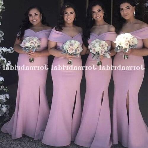 Off Shoulder Pink Mermaid Bridesmaid Dresses 2021 Pleats Stretch Satin Side Split Long Wedding Guest Dress Vestidos Para Fiestas