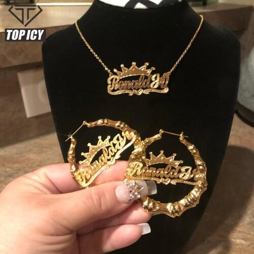 Luxury Jewelry set Alloy Made Personalized Letter Custom Name Name plate Earring Bamboo Circle Hoops Necklace Earrings