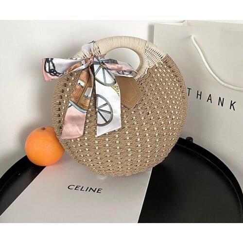 Silk Scarf Woven Bag Womens Round Shell Bag Design Foot Studs Straw Woven Bag Handbag and Purse Vacation Beach Bag Female Totes