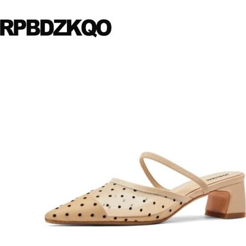 High Heels Luxury Sandals Pointed Toe Celebrity Brand Women Shoes 2021 Chunky Girls Pumps Catwalk Mesh Medium Strap Polka Dot