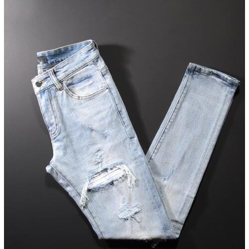 Streetwear Retro Light Blue Denim Punk Trousers Slim Fit Fashion Designer Men Jeans Patches Hip Hop Pants Ripped Jeans For Men