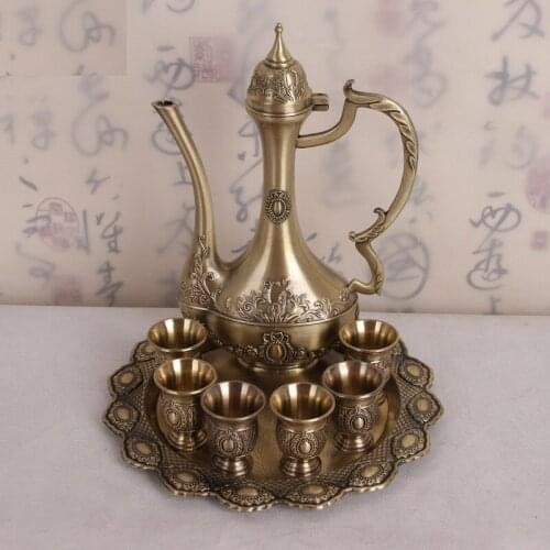 European Style Royal Handicraft Wine Set Tin Material Retro Bar Set 6 Cups +Pot+Plate Wedding Gift High Quality Free Ship