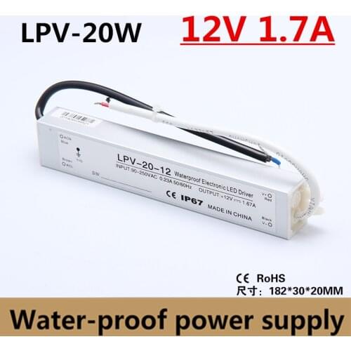 High Quality IP67 20W 12V 1.7A Water-proof Power Supply Driver Adapter Voltage Transformer for Led Strip Light, 90-260vac input