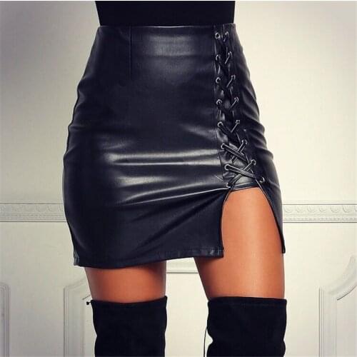 Women PU Leather Mini Skirt Office Lady Sexy Solid Black Split Skirts High Waist Casual Party Bodycon Skirt Plus Size