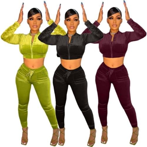 2021 New Autumn Winter Velvet Tracksuit Women Casual Zipper Pockets Long Sleeve Crop Top + Leggings Bodycon Two Piece Set Outfit