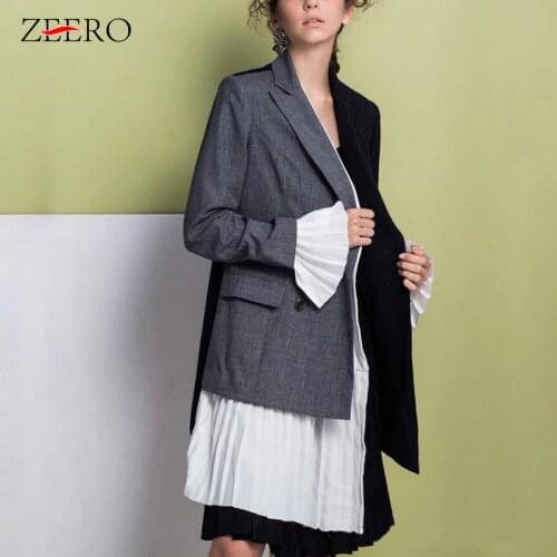 2019 Autumn Women Blazers and Jackets Female Fashion Ruffle Stitching Hit Color Irregular Long Runway Blazer Ladies Casual Coat