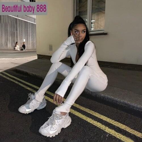 Meqeiss women Sport Suit casual jumpsuit bodycon fitness suit zipper long sleeve o-neck Tracksuit black slim 2020 spring summer