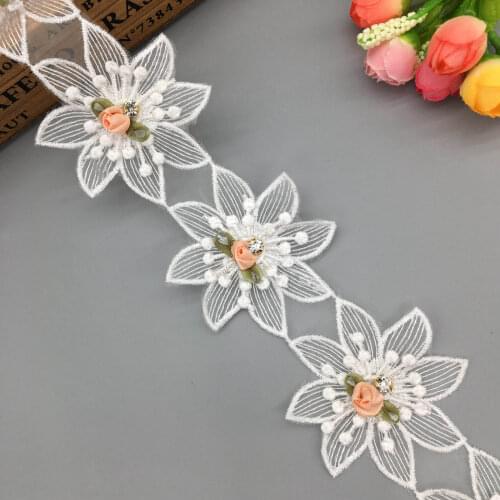 1 Yard 6.5cm White Diamond 3D Flower Lace Trim Fabric Lace Ribbon Embroidered Applique Sewing Craft Wedding Dress Clothes