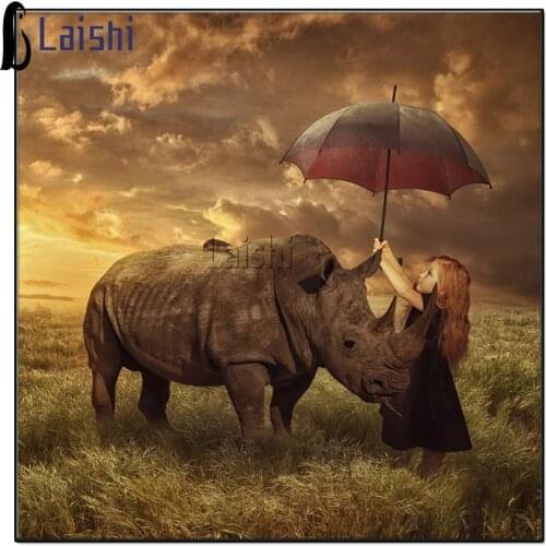 Diamond Painting 5D DIY Little girl help with umbrella Rhino Diamond Embroidery Pattern Animal rhinestone Mosaic Home Decoration