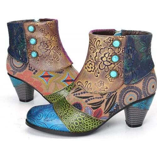 Martin Boots Women Winter PU Leather High Heel Floral Printed Patchwork Female Plush Ankle Boots Fashion Zipper