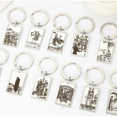 COOLTIME Stainless Steel Engraved Retro Cups Tarot Card Keychain Gold Silver Color Accessories Buckle Fashion Jewelry