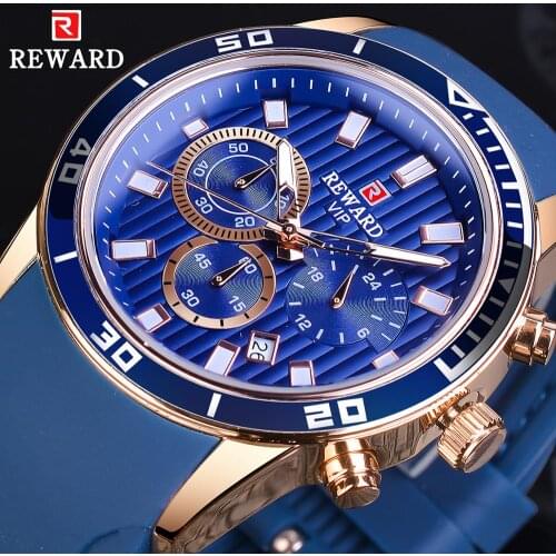 REWARD Rose Golden Calendar Display Blue Silicone Sport Racing Military Design Mens Quartz Wrist Watches Top Brand Luxury Clock