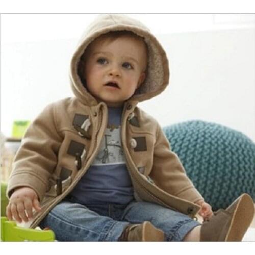Hooyi Brown Grey Children Winter Coats Fleece Boy Clothes Outfits Kids Hooded Wool Blends Baby Boys Down Jacket Horn Button Top