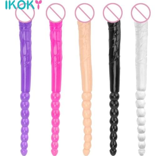 IKOKY Flexible Soft Jelly Dildo Vagina Anal Massager Super Long Artificial Penis Anus Beads Double End Sex Toys for Gay Women