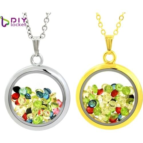 30mm Round Seal Glass Floating Locket Necklace Pendant With Rhinestiones LSFL075