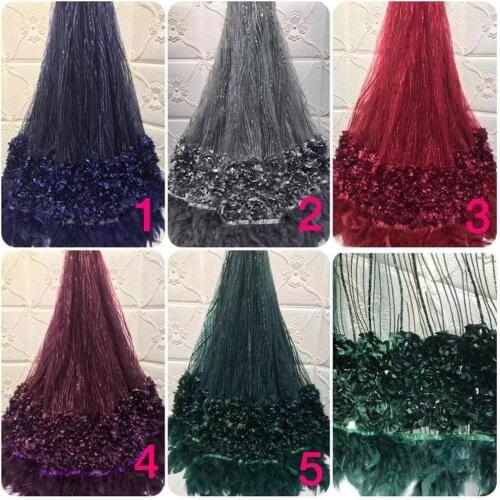 Latest Handmade Feathers French Tulle Lace Fabrics Embroidery 3D Flowers Fabrics Materials 5 yards For Party Wedding
