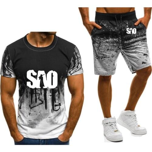 Mens short sleeve SAO Sword Art Online Printed Spring Autumn Gradient High Quality Cotton casual Mens T-Shirt Pants Suit 2Pcs