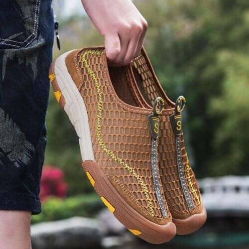 New summer 2021 large mens leather casual shoes mesh upper breathable lazy man shoes