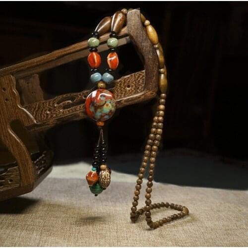 2021 New Vintage Ethnic Style Pastoral Cotton Leprosy Accessories Long Ceramic Necklace Sweater Chain Hand-woven for Woman
