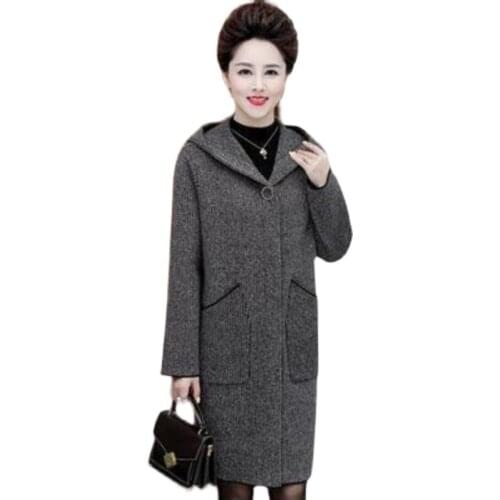 2021Winter New Women Woolen Jacket Middle-Aged Loose Knitting Long Woolen Cloth Coat Female Thicken Hooded Overcoat Tops R1348