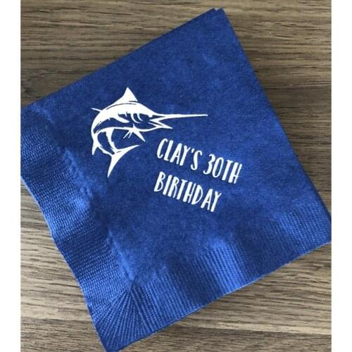 Marlin Birthday Personalized Napkins - Custom Fishing Birthday Napkins, 50th Birthday Napkins, Man Birthday Napkins, Fish Birthd