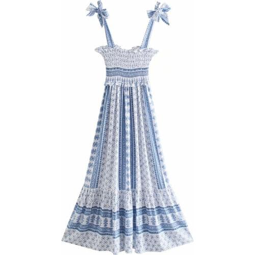 2021 Straps Print Summer Dress Women Backless Pleated Party Wom Vintage Ruffle Midi Dresses Dress Woman Straps Top Mujer top t